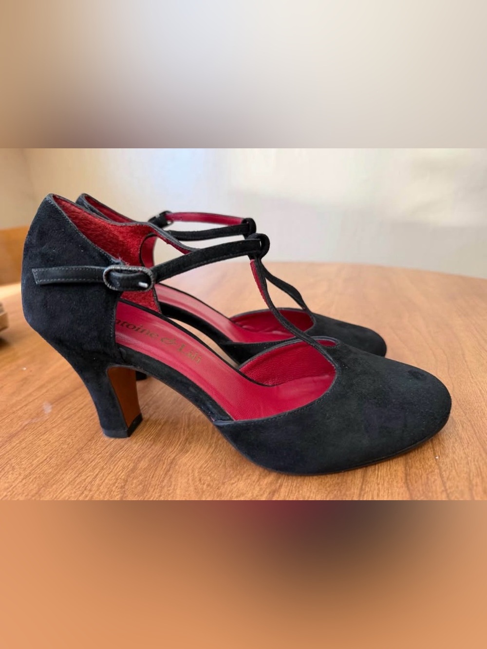 Black Suede T-Strap Heels with Red Insole